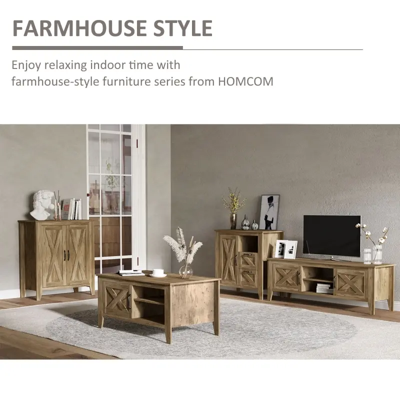 HOMCOM Rustic Farmhouse Sideboard, Accent Buffet Cabinet with Double Barn Doors and Fixed Shelf, Oak Finish