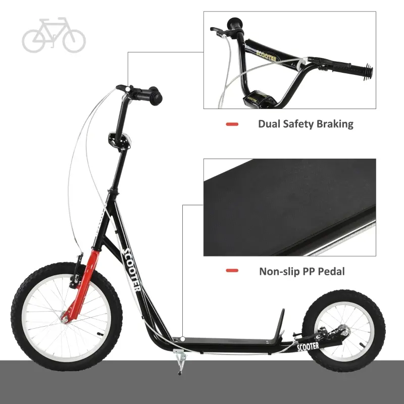 Aosom Teens Youth Scooter Ride On Toy with Adjustable Handlebar, Dual Brakes, and Inflatable Wheels For Kids 5+ - Black