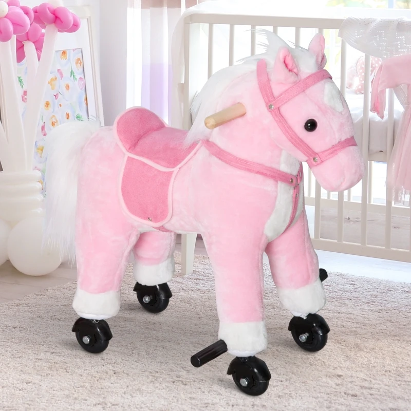 Qaba Kids Ride on Walking Horse Pony Plush Walking Animal with Wheels and Realistic Sounds for 3 Years Old Children - Pink