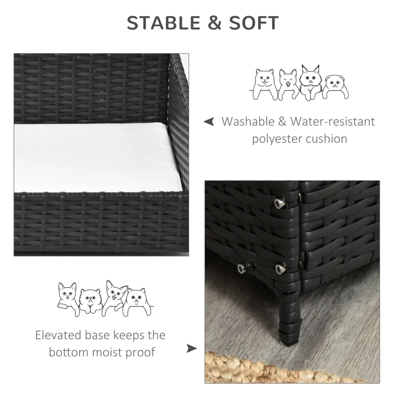 PawHut Rattan Pet Bed Raised Wicker Dog House Small animal Sofa Indoor & Outdoor with Soft Washable Cushion Black