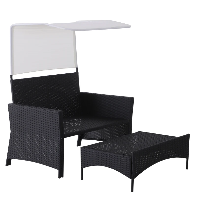 Outsunny 2 Piece Rattan Wicker Outdoor Loveseat with Sunshade Canopy and Nesting Ottoman Footrest - Black