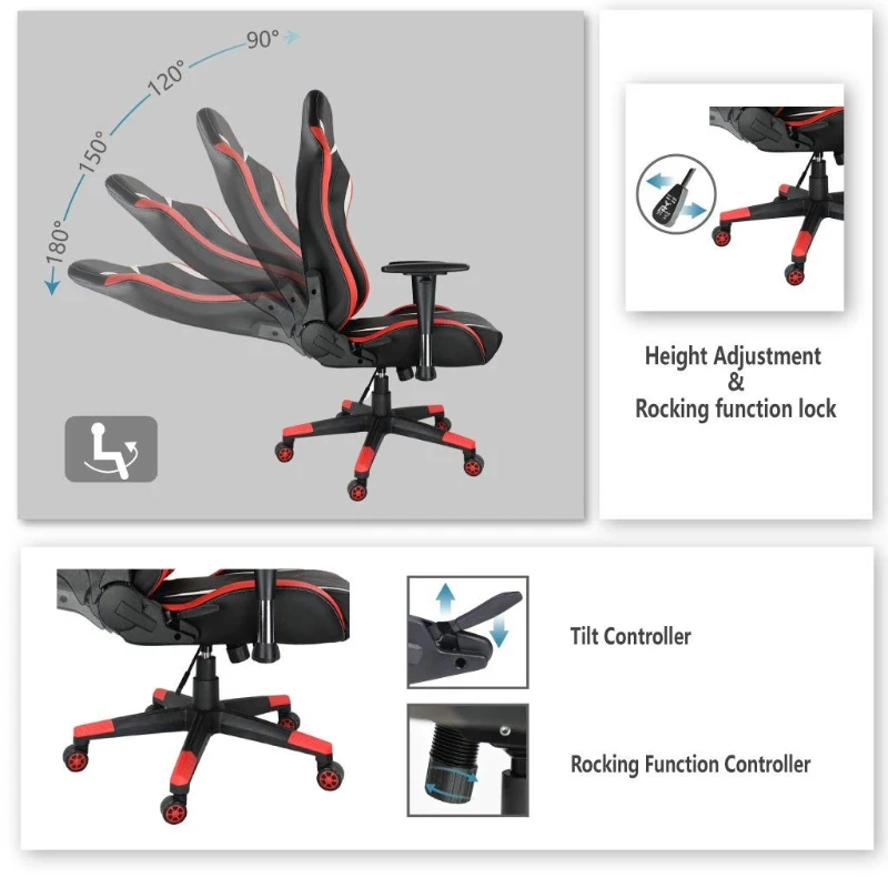 Ficmax Ergonomic  Racing Style Gaming Chair  High-Back Computer  PC Swivel  Seat with Massage Lumbar  Support and Headrest Pillow -Red/Black