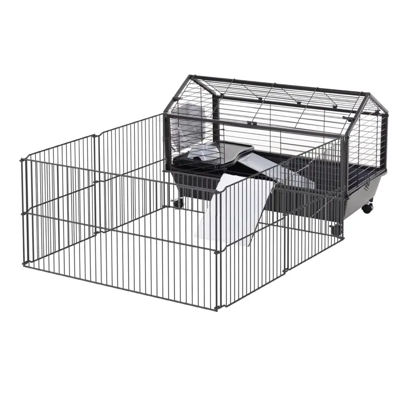 PawHut Rolling Metal Rabbit, Guinea Pig, or Small Animal Hutch Cage with Main House and Run