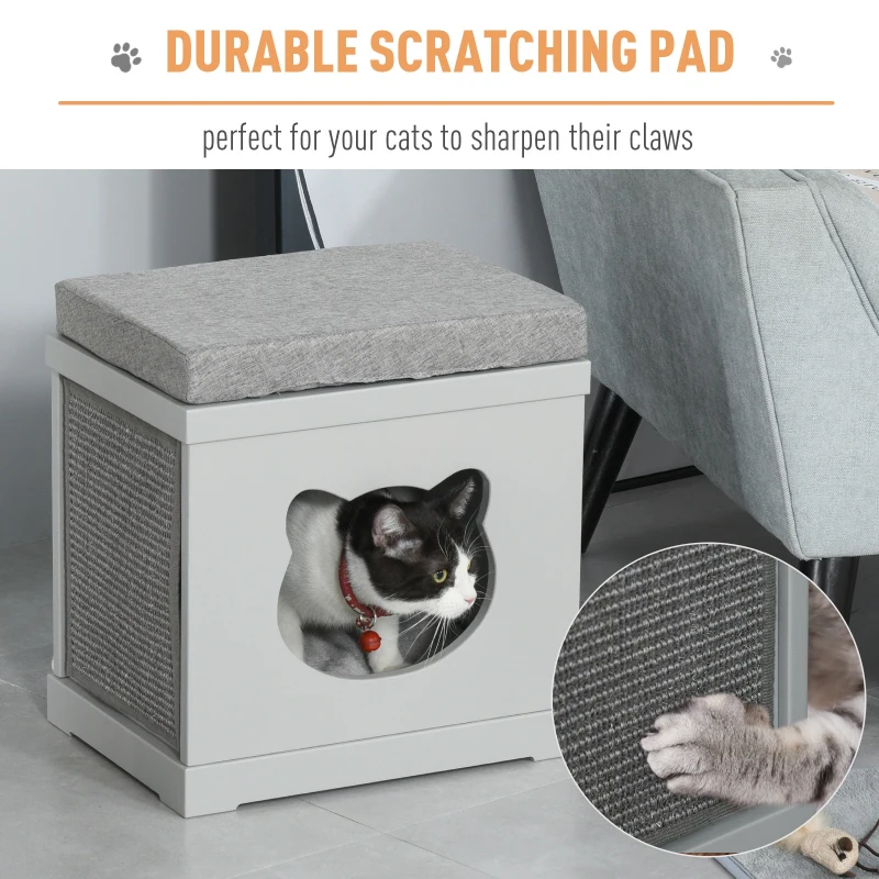 PawHut Wooden Cat Bed Cube House with Soft Padded Cushions, 2 Exterior Scratching Boards, & Interior Space, Grey