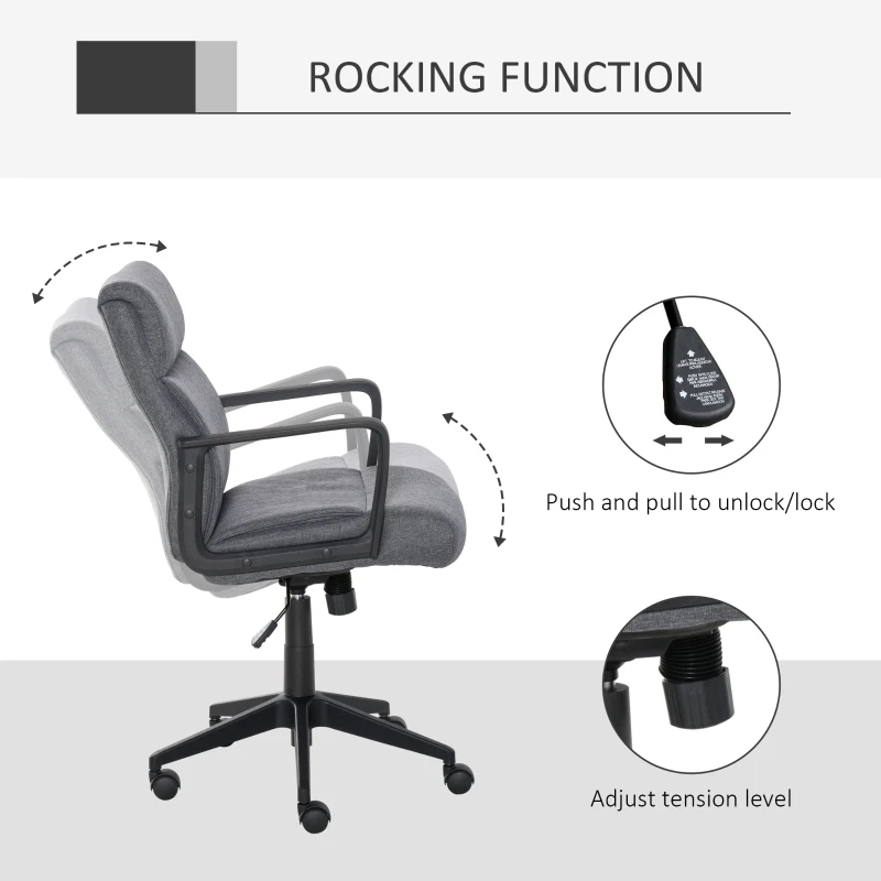 Vinsetto Mid Back Linen Fabric Home Office Chair, Computer Task Chair with Ergonomic Lined Wide Seat, Thick Padding, and 360° Swivel Wheels, Gray