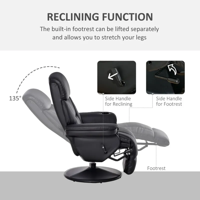 HOMCOM Manual Recliner, Swivel Lounge Armchair with Side Pocket, Footrest and Cup Holder for Living Room, Black