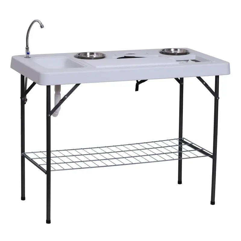 Outsunny 50" Portable Folding Camping Table with Sink, Faucet, Dual Stainless Steel Basins, and Accessories for Fish Cleaning