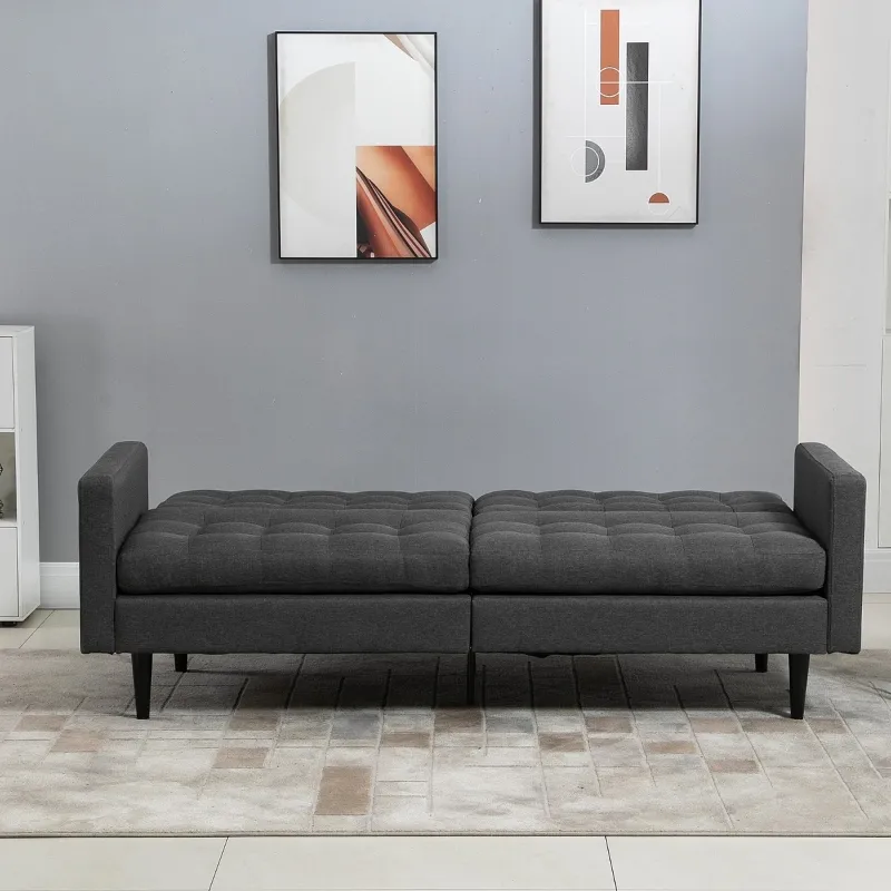 HOMCOM Linen Fabric Convertible Sofa Bed with Button Tufted Back Design, Adjustable Angles and Wood Legs, Grey