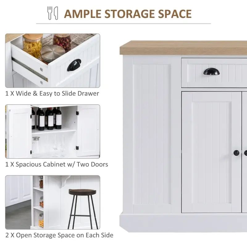 HOMCOM Fluted-Style Wooden Kitchen Island, Storage Cabinet with Drawer, Open Shelving, and Interior Shelving for Dining Room, White