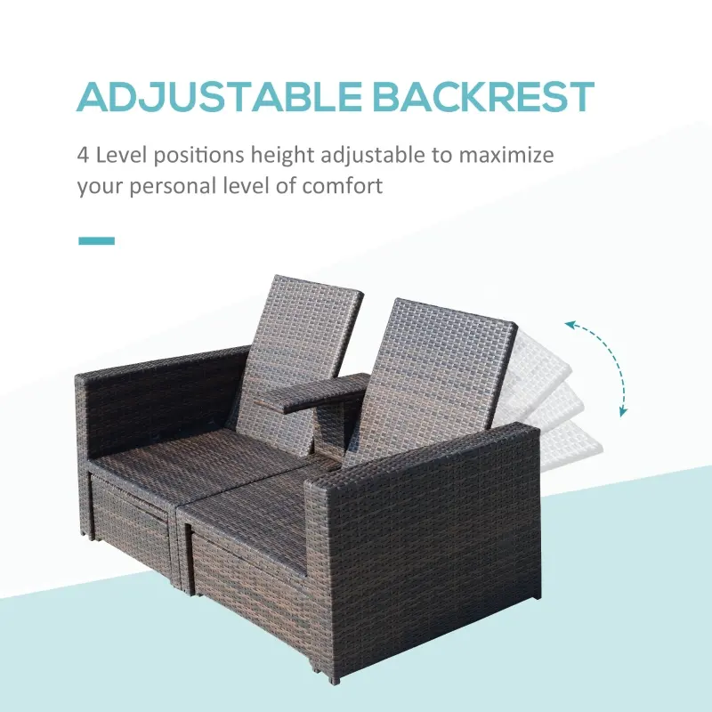 Outsunny Outdoor Patio Loveseat Set, 3 Piece PE Wicker Furniture with 2 Seats, Built-in Table, 2 Ottoman Storage Bins, All-Weather Reclining Lounge, Cushions, Brown