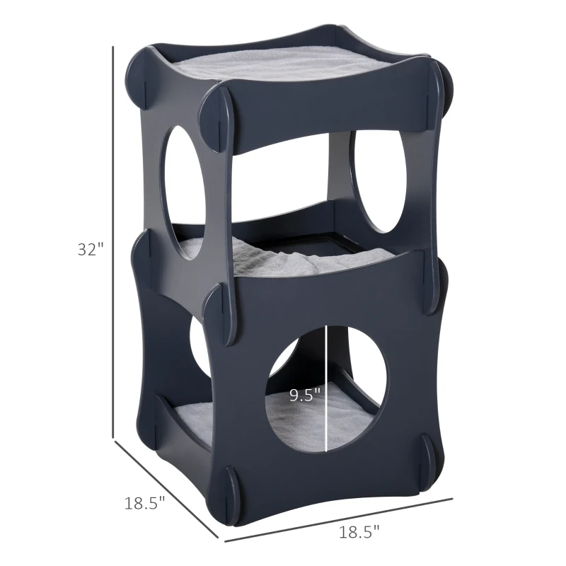 Pawhut Multi-level Wooden Cat House Kitten Bed Furniture with Removable Soft Cushion for Rest, Dark Grey