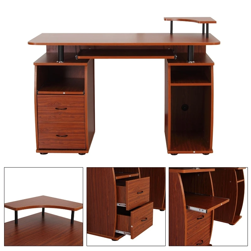 HOMCOM Multi-Function Computer Desk Home Office Workstation with Sliding Keyboard Tray, Elevated Shelf, Drawers and CPU Stand, Brown