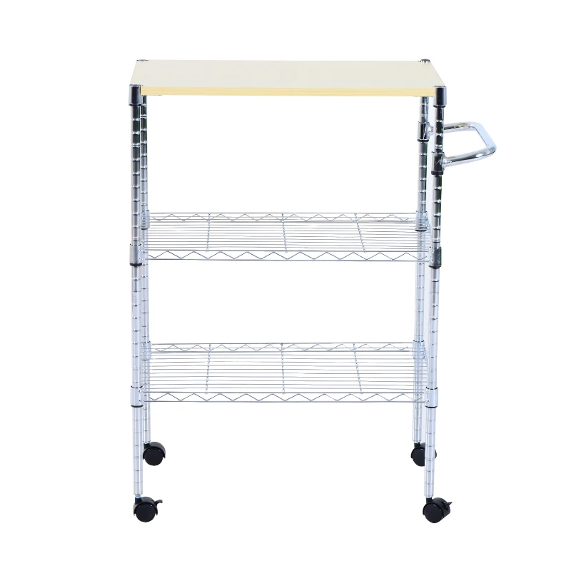 HomCom 32” Portable 3 Tier Rolling Kitchen Cart With 2 Wire Storage Shelves
