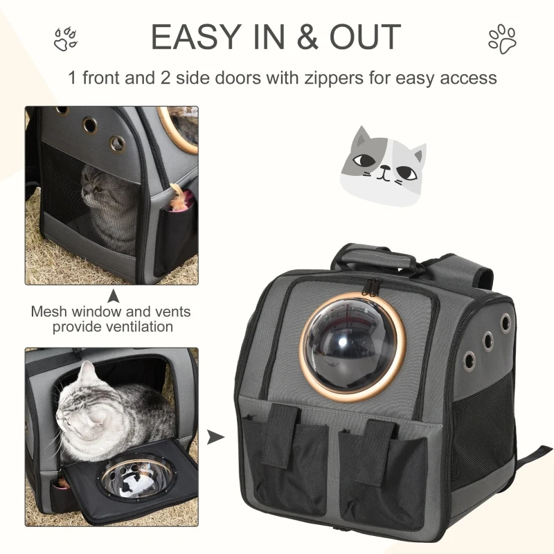 PawHut Foldable Pet Carrier Backpack with Two Storage Packets, Breathable Mesh, Transparent Window & Adjustable Shoulder Strap for Small Cats & Dogs Travel Hiking, Grey