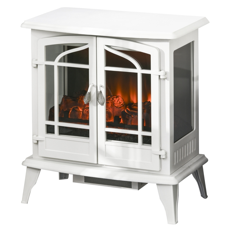 HOMCOM Vintage Electric Fireplace with 2 Tempered Glass Door LED Log Flame  Adjustable Temperature White 28'' Freestanding | Aosom