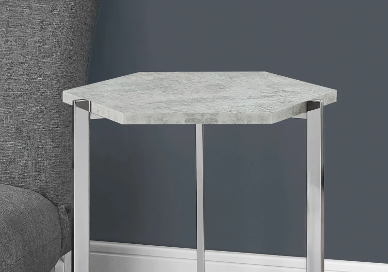 Monarch 24" Contemporary Hexagon-Shape Top Chrome Metal Base Side Accent End Table - Grey Cement-Look Finish