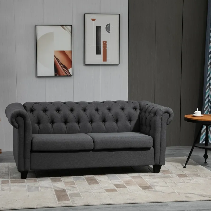 HOMCOM 2-Seater Oversize Loveseat Linen Fabric Sofa Couch 72.8 Inches with Rubberwood Legs & Rolled Arms for Living Room, Grey