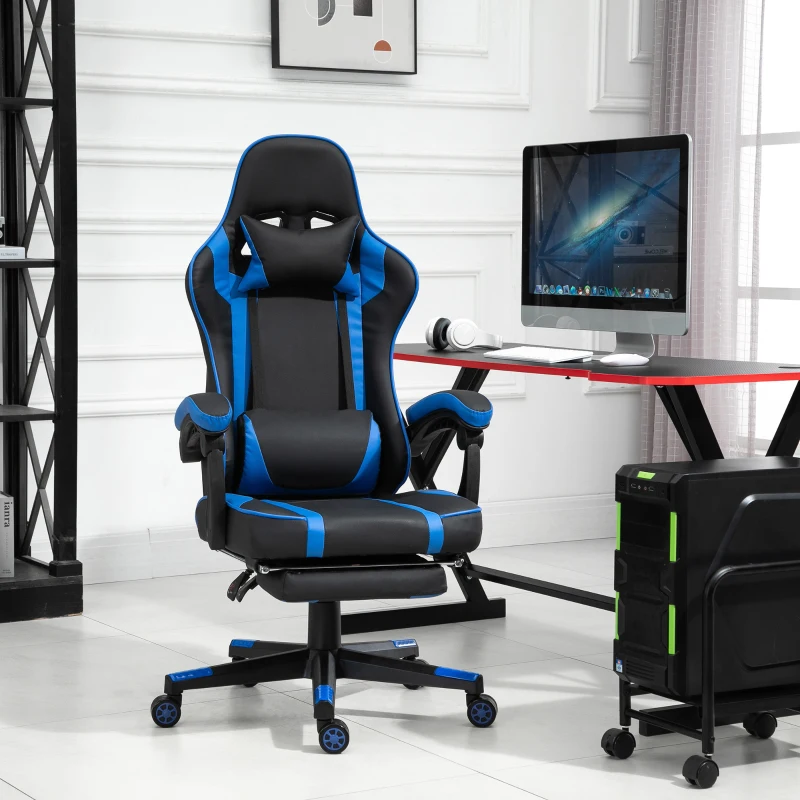 Vinsetto High Back Gaming Chair, PU Leather Racing Style Gamer Computer Chair with Retractable Footrest with Lumbar Support, Pillow and Adjustable Padded Armrests, Blue