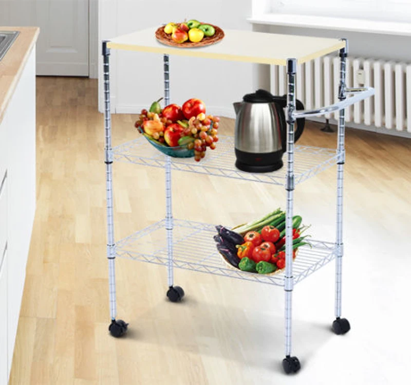 HomCom 32” Portable 3 Tier Rolling Kitchen Cart With 2 Wire Storage Shelves
