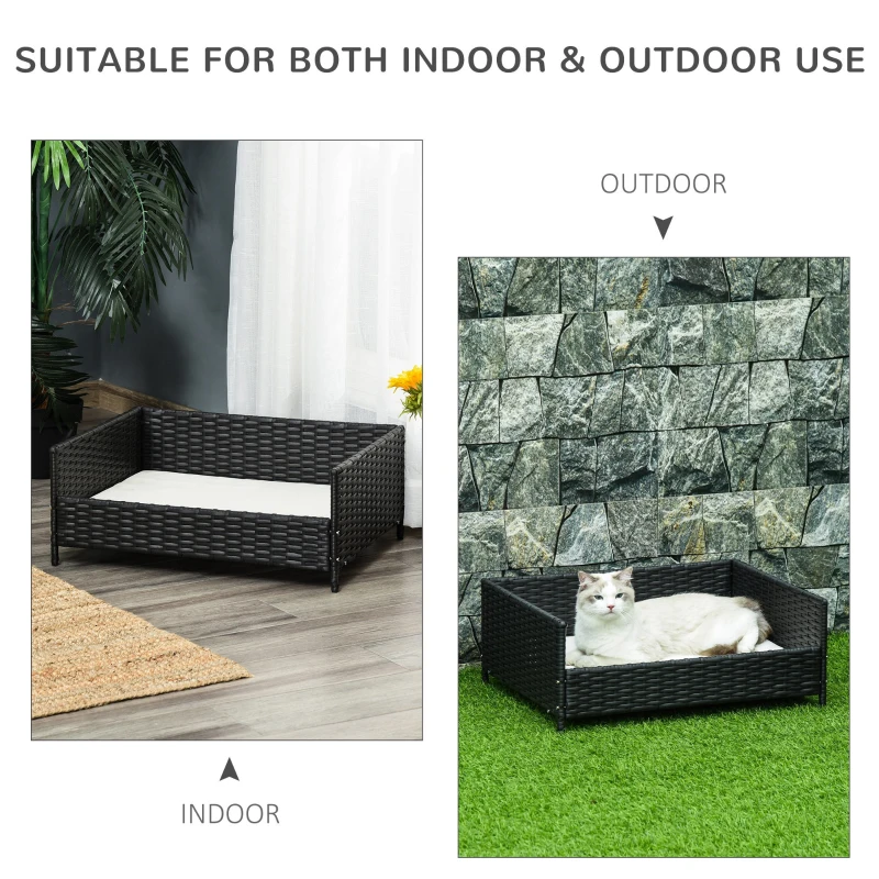 PawHut Rattan Pet Bed Raised Wicker Dog House Small animal Sofa Indoor & Outdoor with Soft Washable Cushion Black