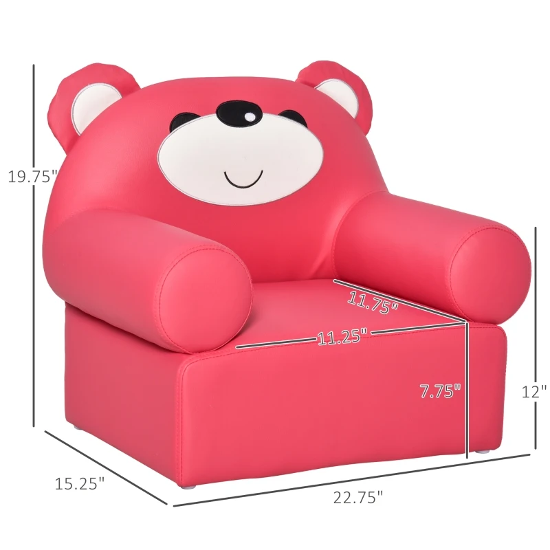 Qaba Mini Kids Sofa with Bear Design and Ergonomic Backrest, Small & Lightweight Armchair for Art, Homework, & Reading, with Easy to Clean Surface, Rose Red