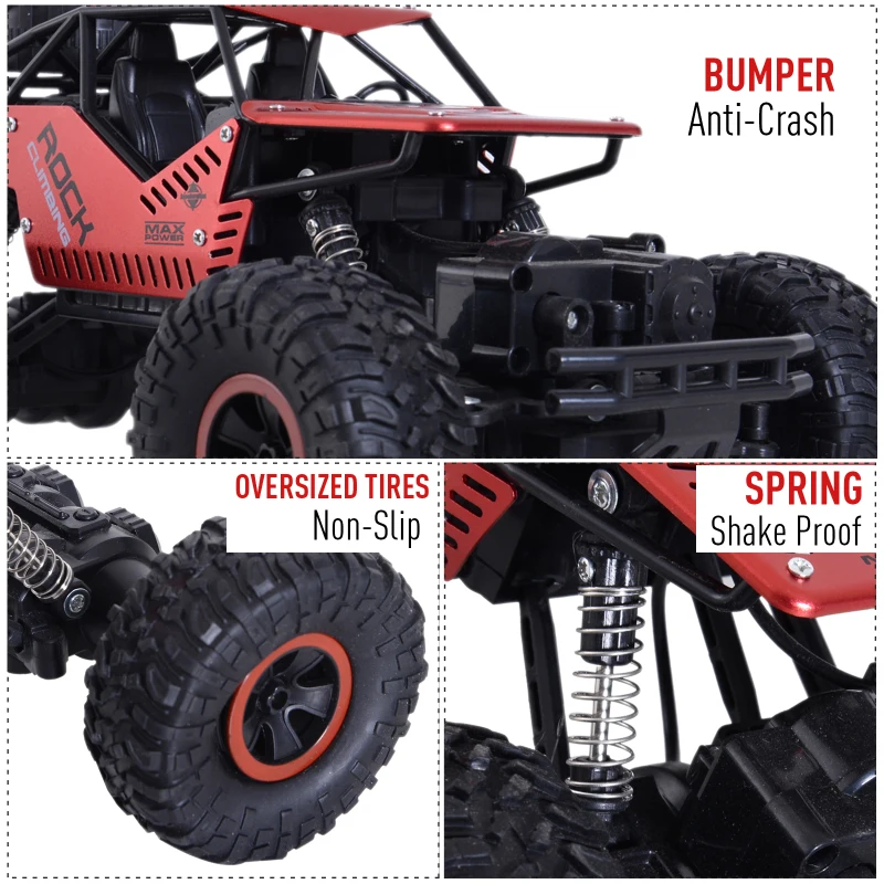 Aosom 1:16 Scale 2.4Ghz 4WD RC Rock Crawler Off-Road Electric Monster Truck - Red