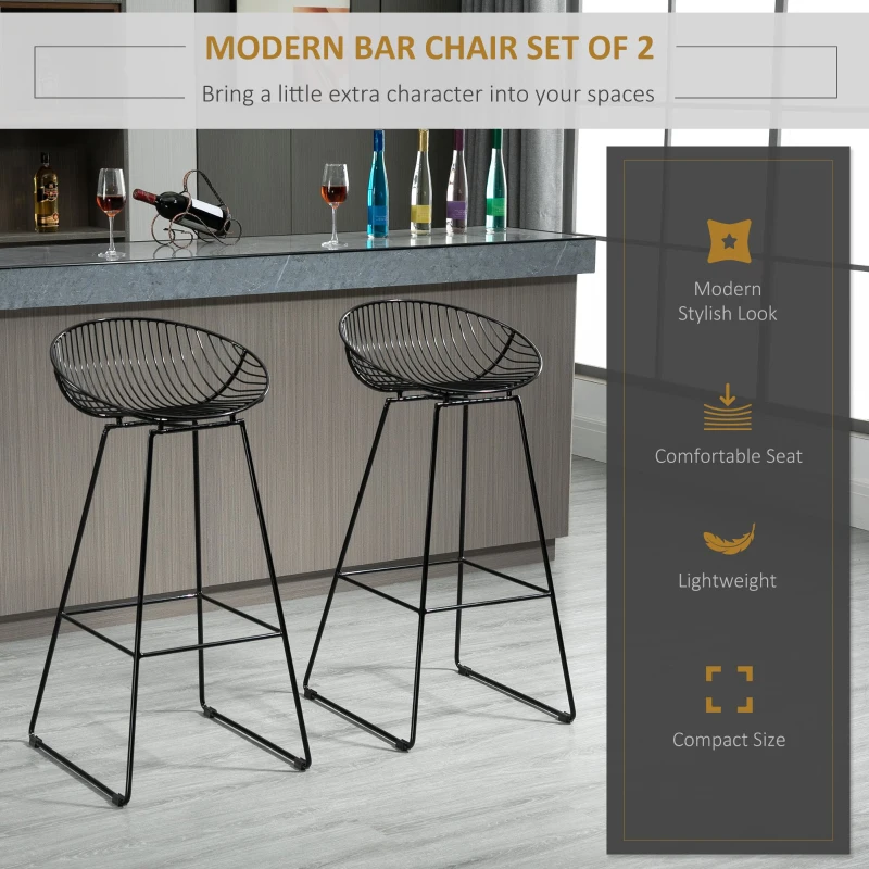 HOMCOM Modern Bar Stools Set of 2, Bar Height Barstools, 29.5" Seat Height Bar Chairs for Kitchen, Pub with Backrest and Footrest, Steel Frame, Black
