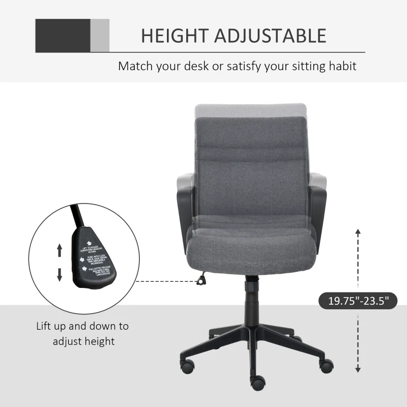 Vinsetto Mid Back Linen Fabric Home Office Chair, Computer Task Chair with Ergonomic Lined Wide Seat, Thick Padding, and 360° Swivel Wheels, Gray