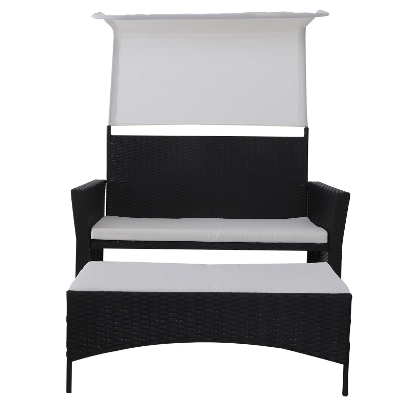 Outsunny 2 Piece Rattan Wicker Outdoor Loveseat with Sunshade Canopy and Nesting Ottoman Footrest - Black