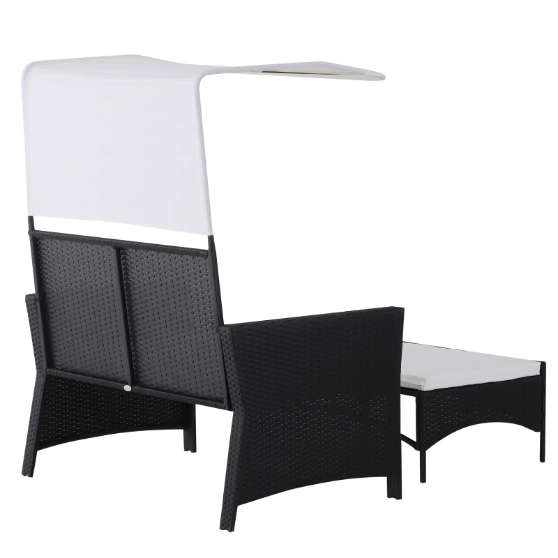 Outsunny 2 Piece Rattan Wicker Outdoor Loveseat with Sunshade Canopy and Nesting Ottoman Footrest - Black
