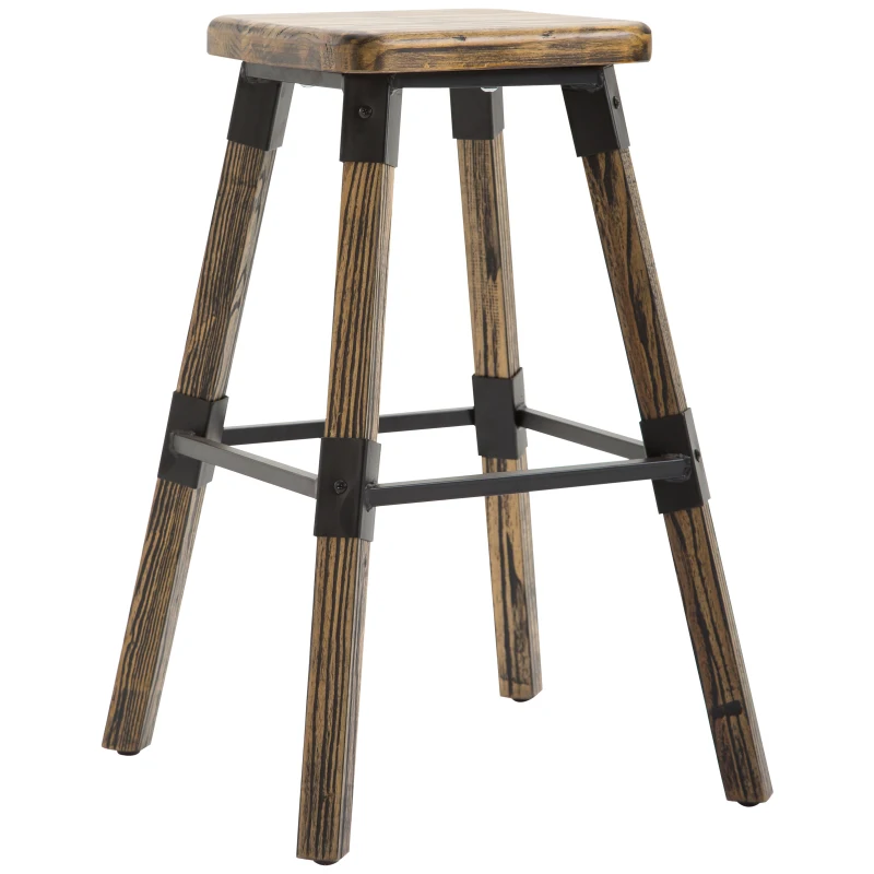 HomCom 2 Piece 24" Tall Rustic Industrial Armless Square Wood Top Bar Stool Set - Black / Woodgrain