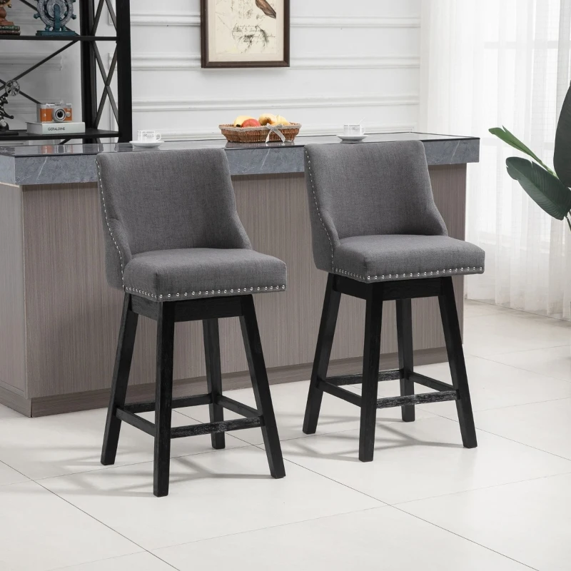 HOMCOM 28" Swivel Bar Height Bar Stools Set of 2, Armless PU Leather Upholstered Barstools Chairs with Nailhead Trim and Wood Legs, Dark Grey