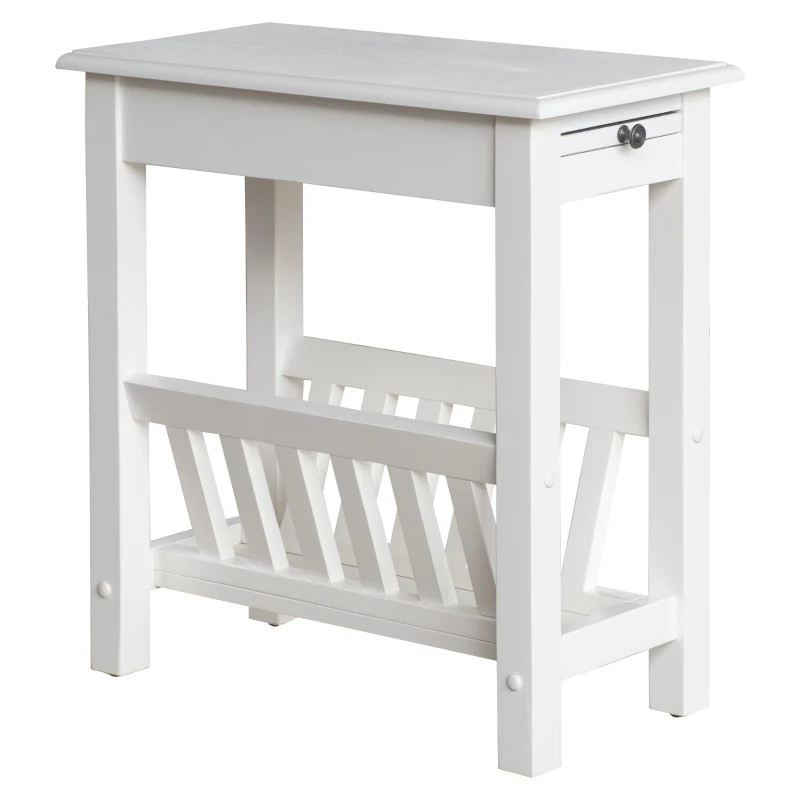 HomCom Modern 2-Tier Acacia Wood End Table Side Desk with Cup Holder and Lower Shelf - White