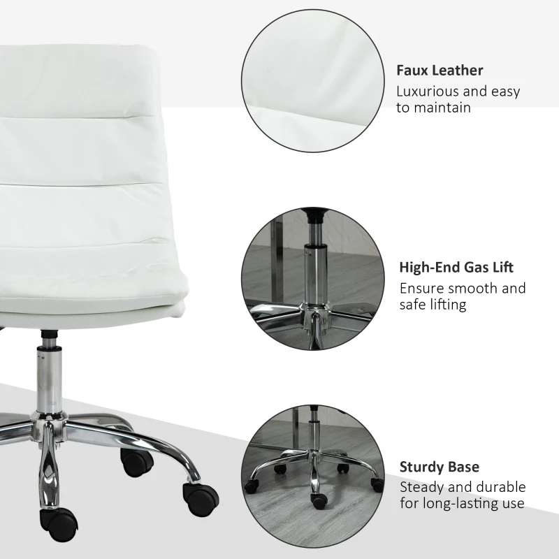 Vinsetto Armless Office Chair Ergonomic Computer Desk Chair Mid-Back Upholstered Task Chair with PU Leather, Adjustable Height and Swivel Seat, White