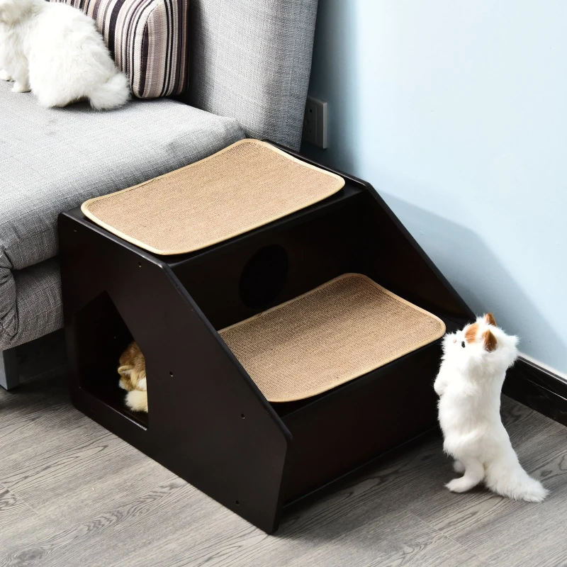 PawHut 2-Story Pet Mobility Safety Stairs with Ramp and Built-In House for Dogs and Cats  Wood