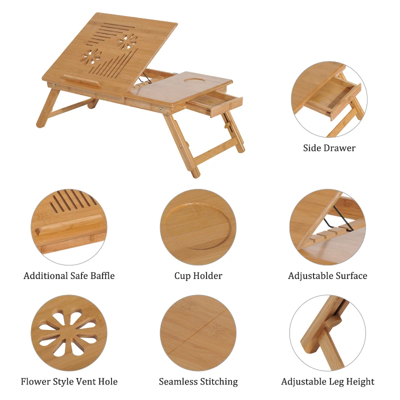 HomCom 22” Adjustable Wooden Folding Bamboo Laptop Bathtub Tray Table With Storage Drawer