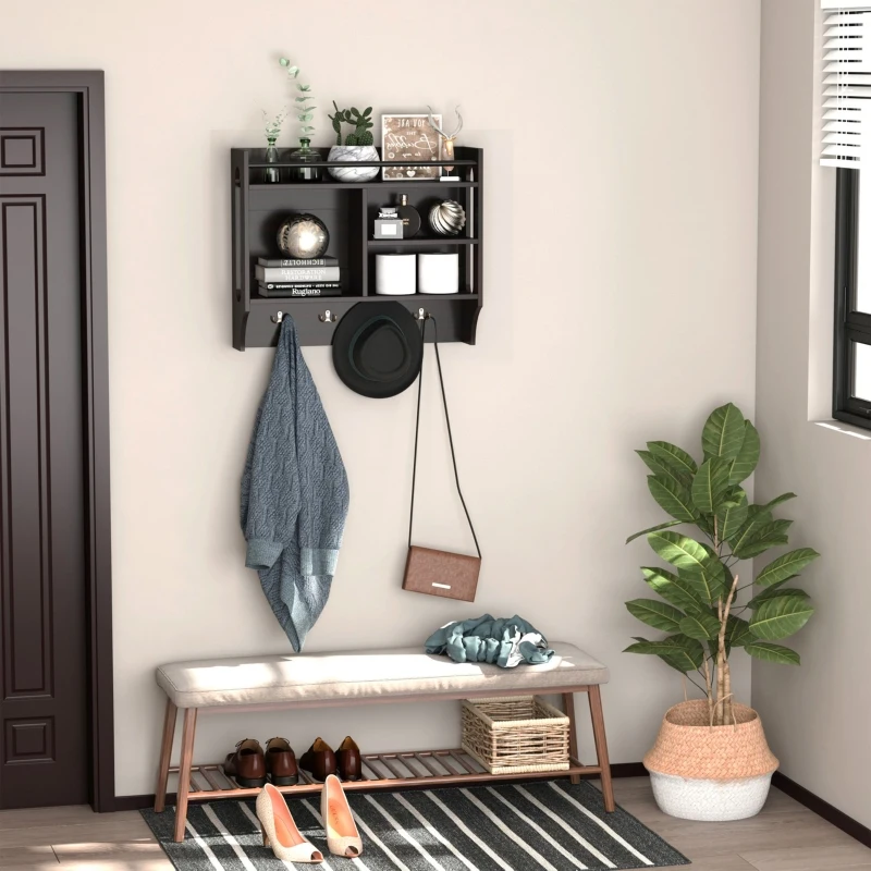HOMCOM Wall-Mounted Floating Storage Shelf with 4 Storage Units and 4 Dual Hooks, Espresso