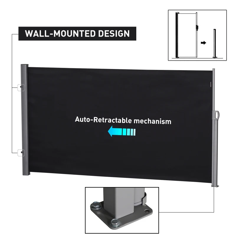 Outsunny 118" x 63" Side Awning, Retractable Privacy Screen & Driveway Guard, Instant Outside Screen, Wall, or Fence, Side Shade and Wind Block for Indoor Outdoor, Garden, Black
