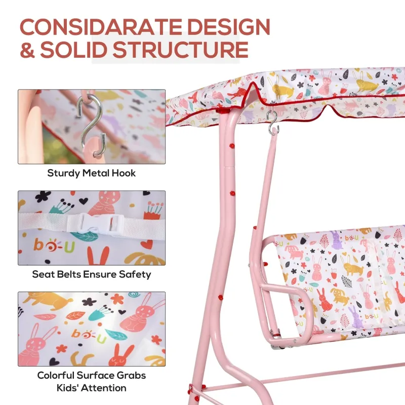 Outsunny Kids Porch Swing, Outdoor 2-Seat Patio Chair, Toddler Glider with Adjustable Canopy, Seat Belt for Garden Backyard Rabbit Pattern