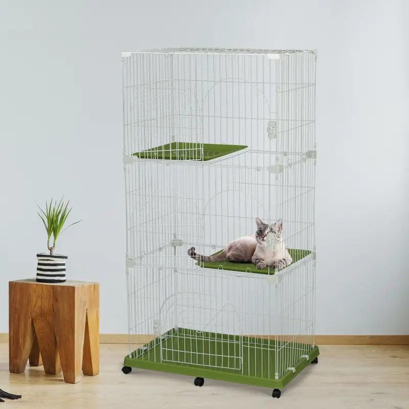 PawHut 70" 3-Level  Steel Wire Vertical Cat Condo Pet Cage - White/ Green