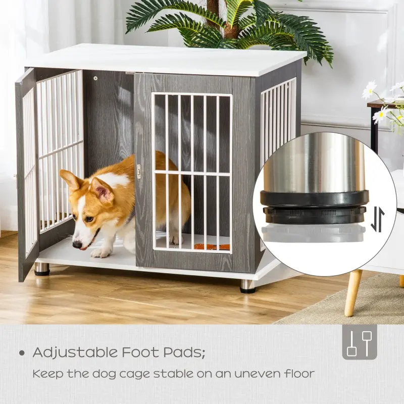 PawHut 34'' 2-in-1 Wooden Dog Kennel, Modern Wire Animal Crate, Pet Cage with Lockable Door and Adjustable Foot Pads, for Small and Medium Dogs, Grey and White