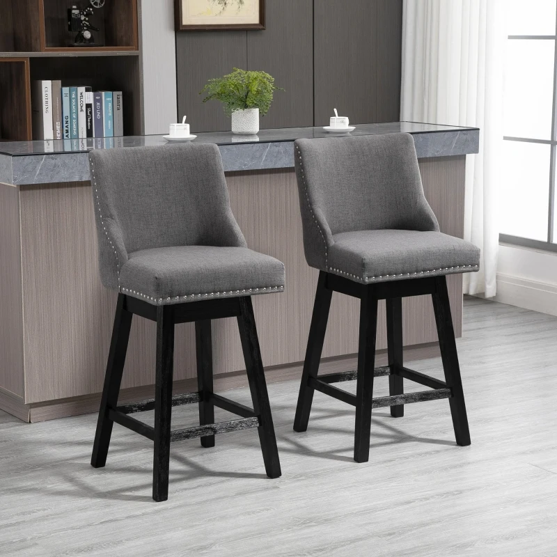 HOMCOM 28" Swivel Bar Height Bar Stools Set of 2, Armless PU Leather Upholstered Barstools Chairs with Nailhead Trim and Wood Legs, Dark Grey