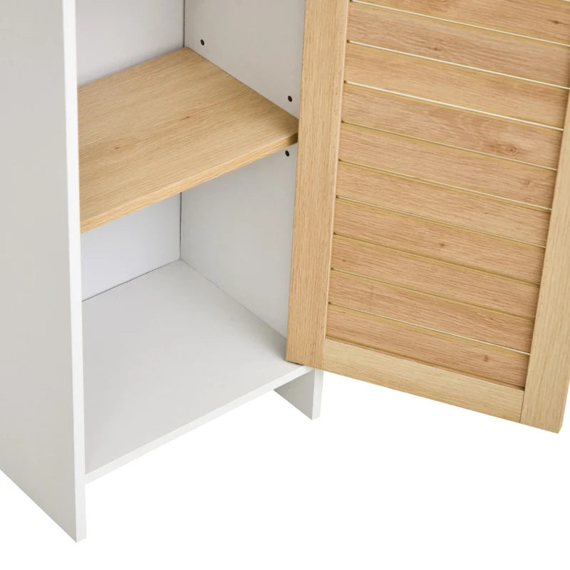 kleankin Tall Bathroom Floor Cabinet, Freestanding Linen Tower with Adjustable Shelf and Cupboard, Narrow Side Storage Organizer, Natural Wood