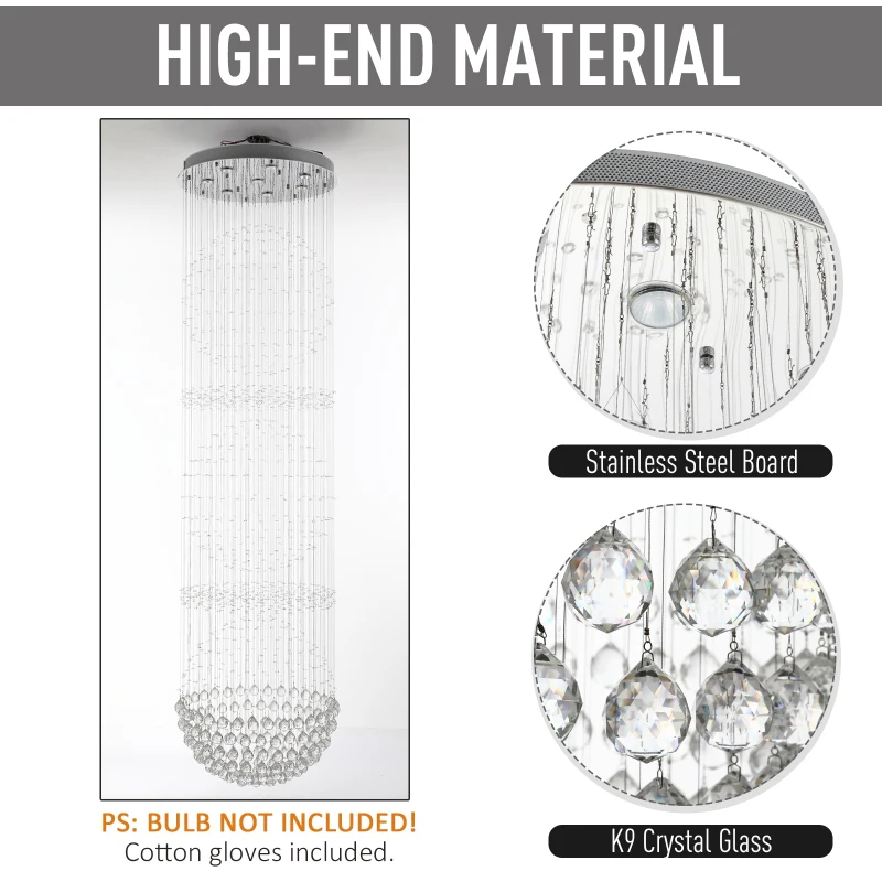 HOMCOM K9 Crystal Glass Fixture Raindrop Chandelier with Stainless Steel Board GU10 Bulb Compatible