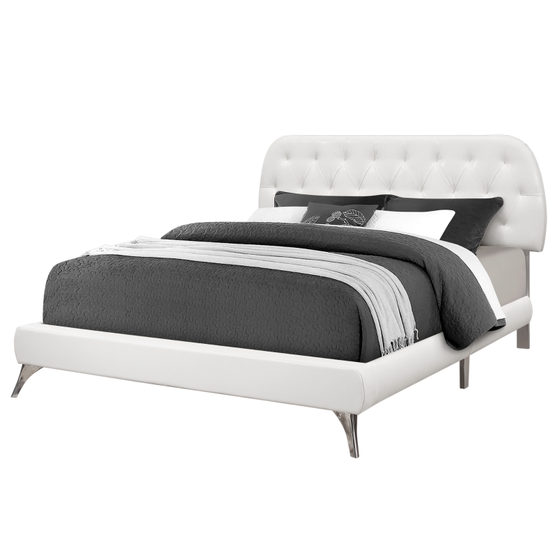 Monarch Queen Size Contemporary Upholstered Bed Frame with Padded Diamond Tufted Headboard and Chrome Legs - White Leather Look