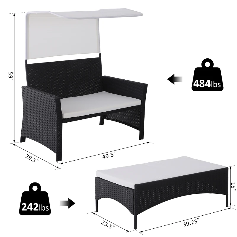 Outsunny 2 Piece Rattan Wicker Outdoor Loveseat with Sunshade Canopy and Nesting Ottoman Footrest - Black