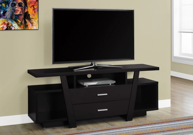 Monarch 60" Contemporary Wood Grain-Look Open Concept Shelf 2-Drawer Storage Console TV Stand - Cappuccino Brown Finish