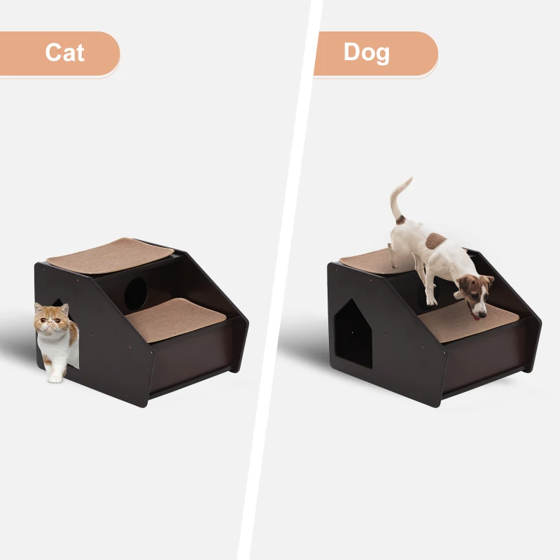 PawHut 2-Story Pet Mobility Safety Stairs with Ramp and Built-In House for Dogs and Cats  Wood
