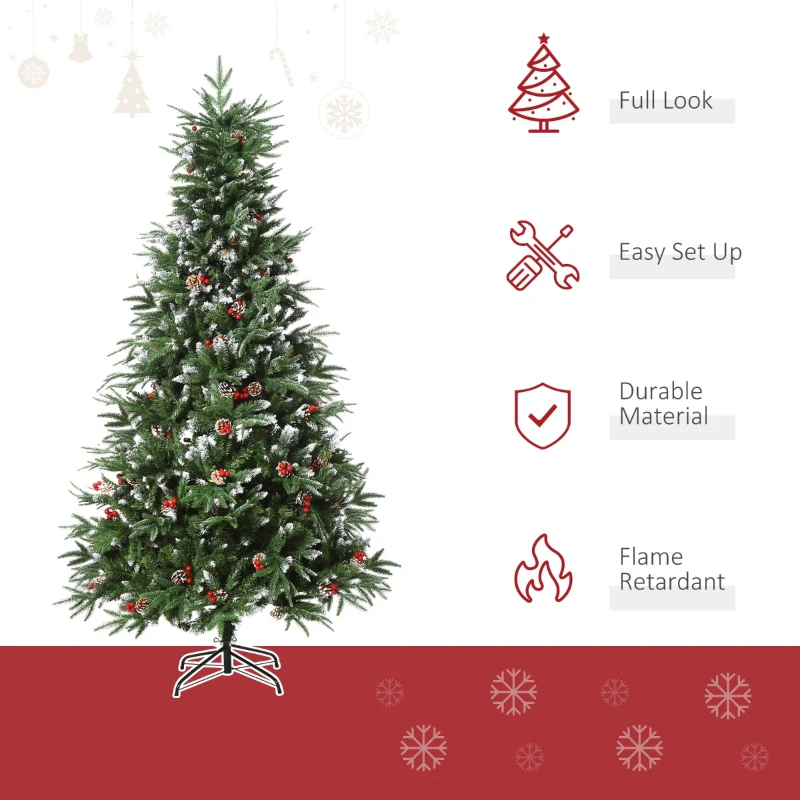 HOMCOM 7ft Artificial Pine Tree Holiday Home Christmas Decoration with Removable Branches, Pinecone - Red Berries