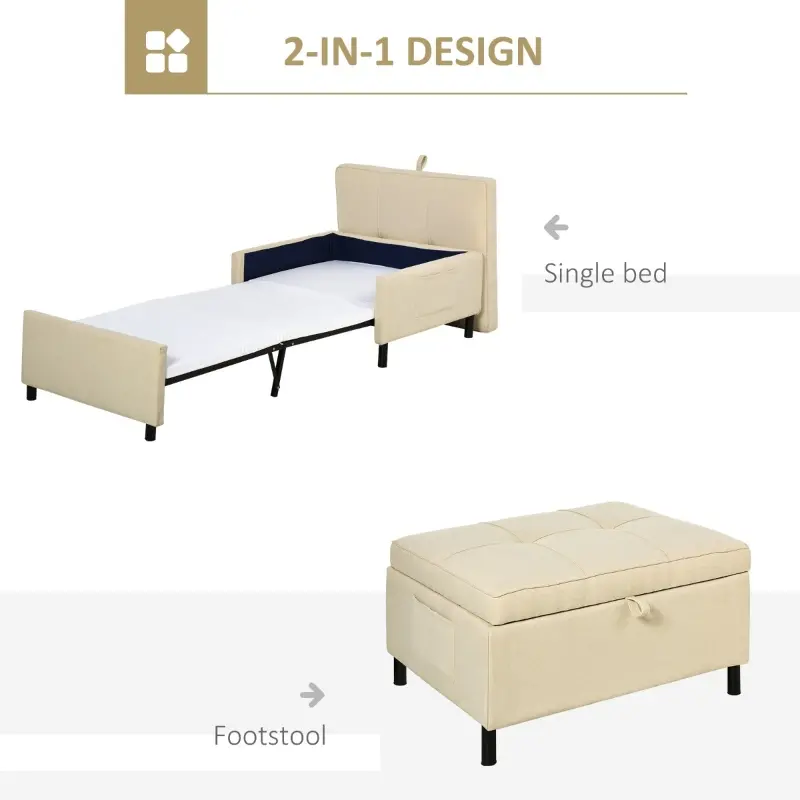 HOMCOM 2-In-1 Design Convertible Single Sofa Bed with Side Pocket and Metal Frame Couch for Living Room, Beige